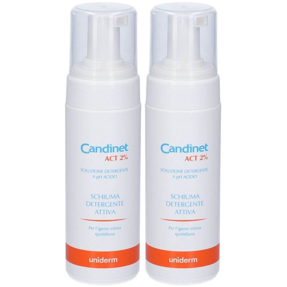 Due flaconi bianchi con dosatore a pompa. Scritta: Candinet ACT 2%, Schiuma Detergente Attiva. Logo Uniderm.