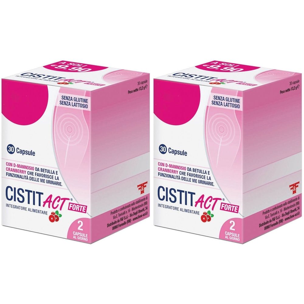 Due scatole rosa. Scritta: CISTIT ACT FORTE, 30 capsule, senza glutine, senza lattosio. Con D-mannosio, mirtillo rosso.