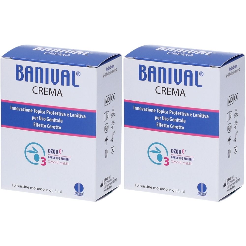Due scatole bianche con parte superiore blu. Stampato il testo BANIVAL CREMA. Testo sottostante: Innovazione Topica Protettiva e Lenitiva per Uso Genitale.