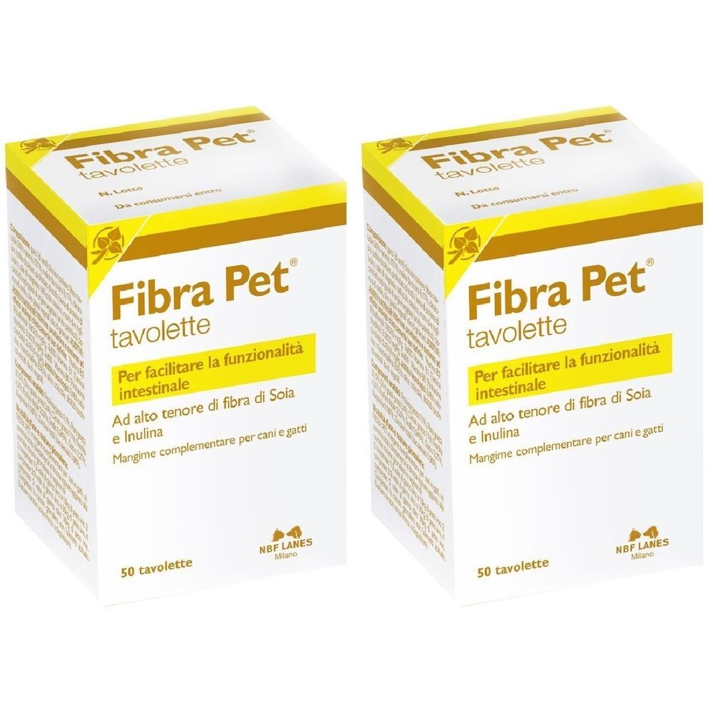 Due scatole di compresse Fibra Pet. Scatole bianche con dettagli gialli e informazioni sul prodotto. 50 compresse per scatola.