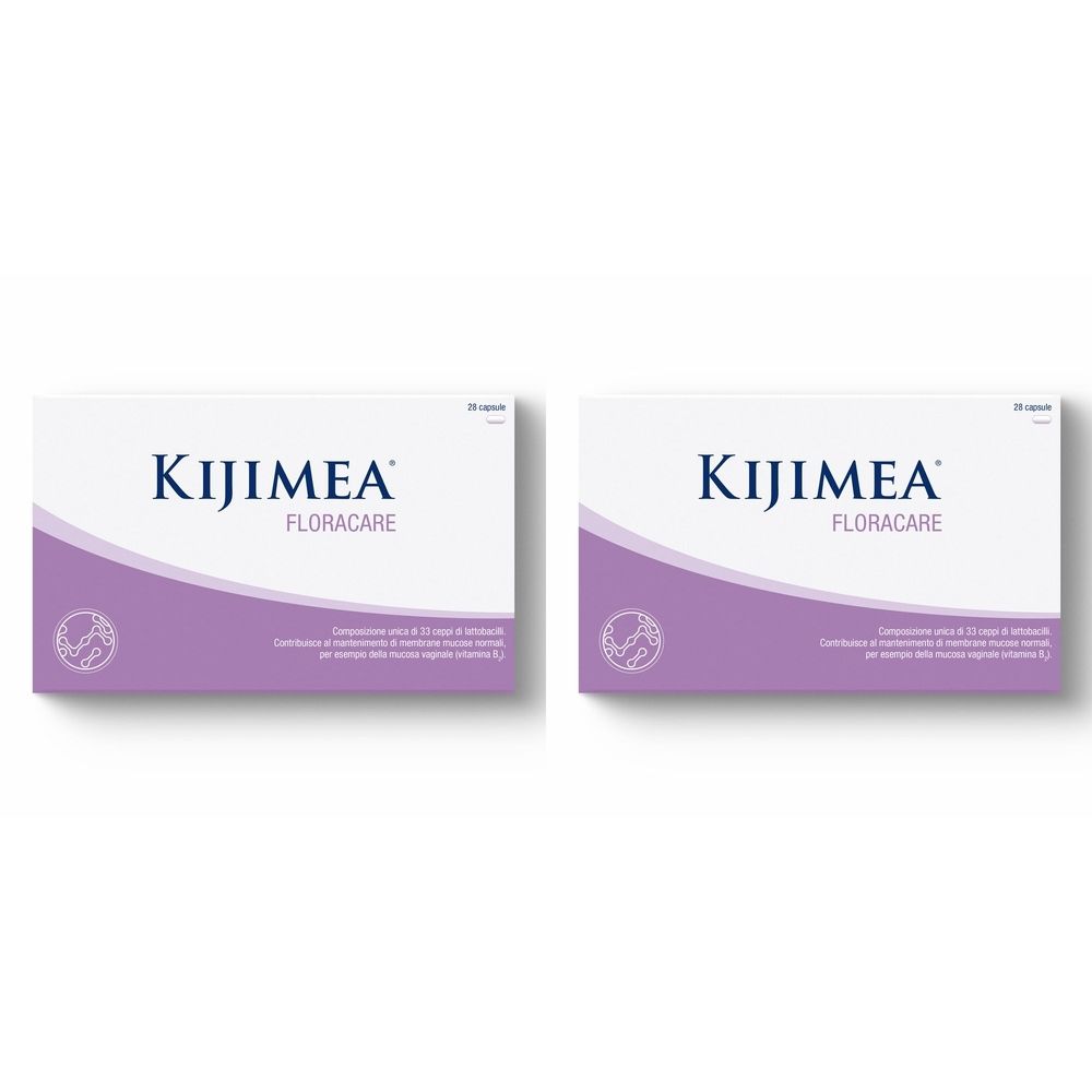 Due scatole bianche con la scritta Kijimea FloraCare. Motivo a onde viola e logo in basso a sinistra.