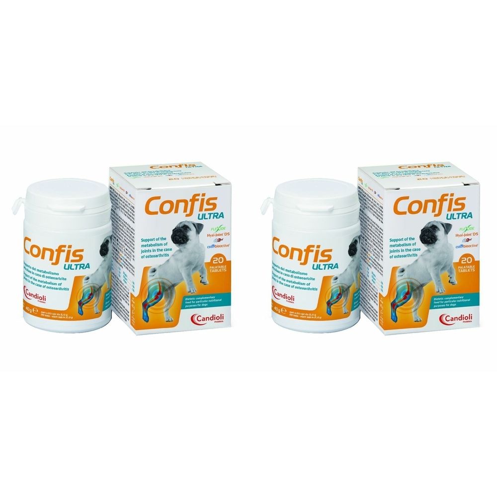 Due set, ciascuno con barattolo e scatola. Scritta: Confis Ultra. Immagine di cane. 20 compresse.