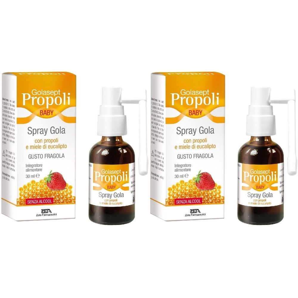 Due flaconi e confezioni. Scritta: Golasept Propoli Baby Spray Gola, gusto fragola. Senza alcool.