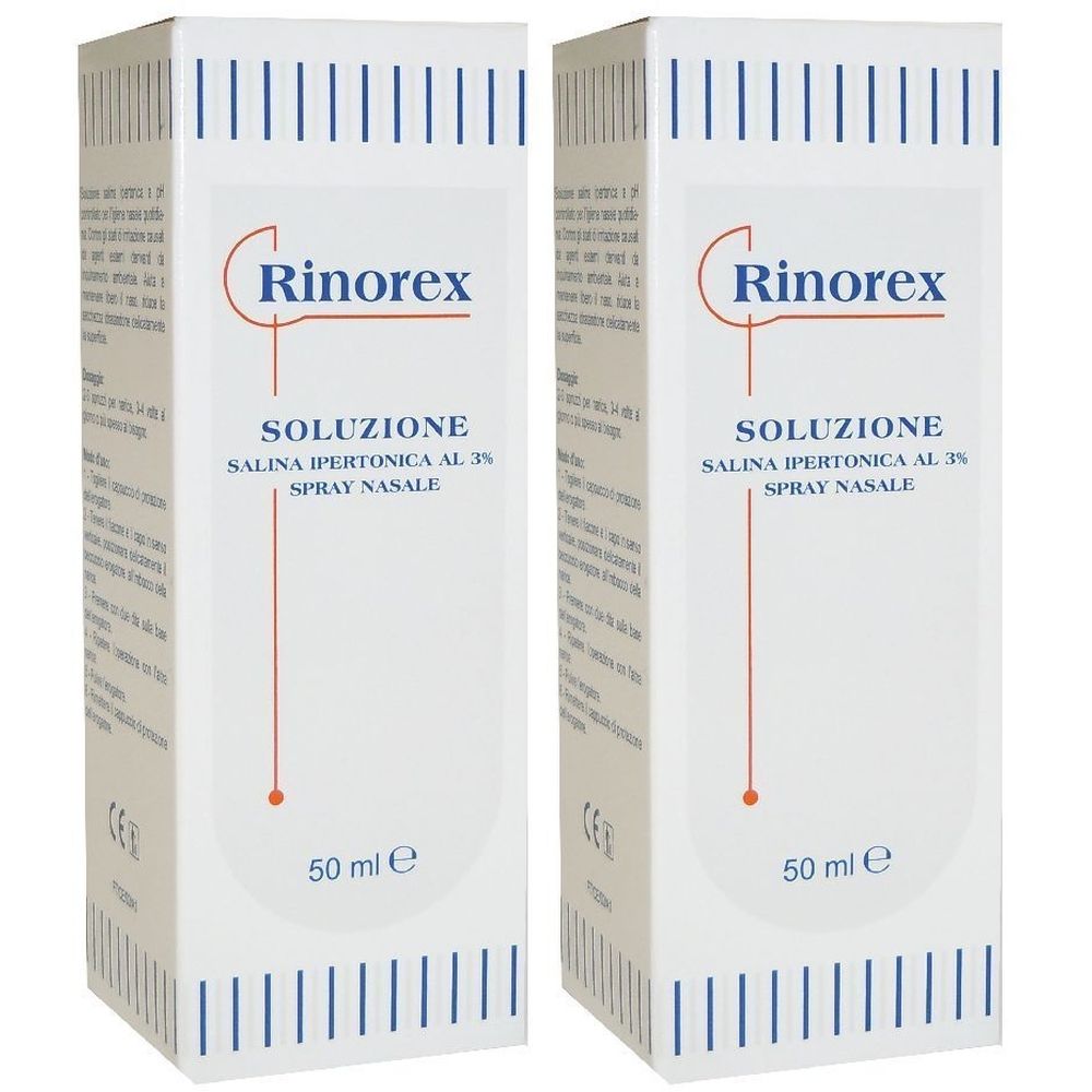 Due scatole bianche con linee blu. Scritta Rinorex, soluzione, soluzione salina ipertonica 3%, spray nasale. 50 ml.