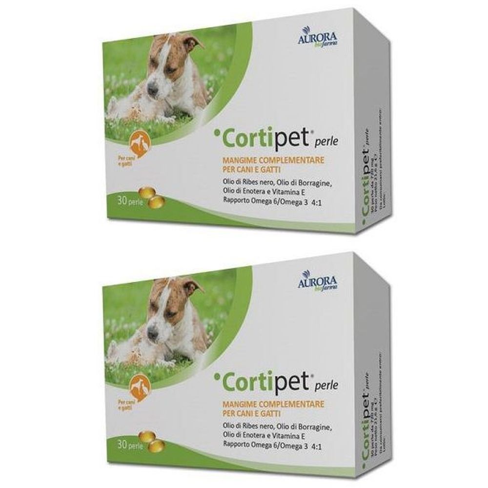 Due confezioni di Cortipet perle. Scritto: mangime complementare per cani e gatti. Contiene Omega 6/Omega 3.