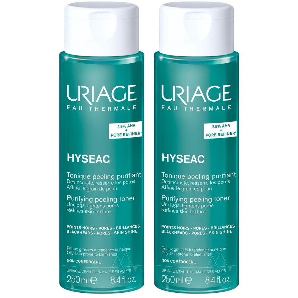Due flaconi verdi con tappo bianco. Scritte: URIAGE, HYSEAC, Tonique peeling purifiant. Capacità: 250ml.