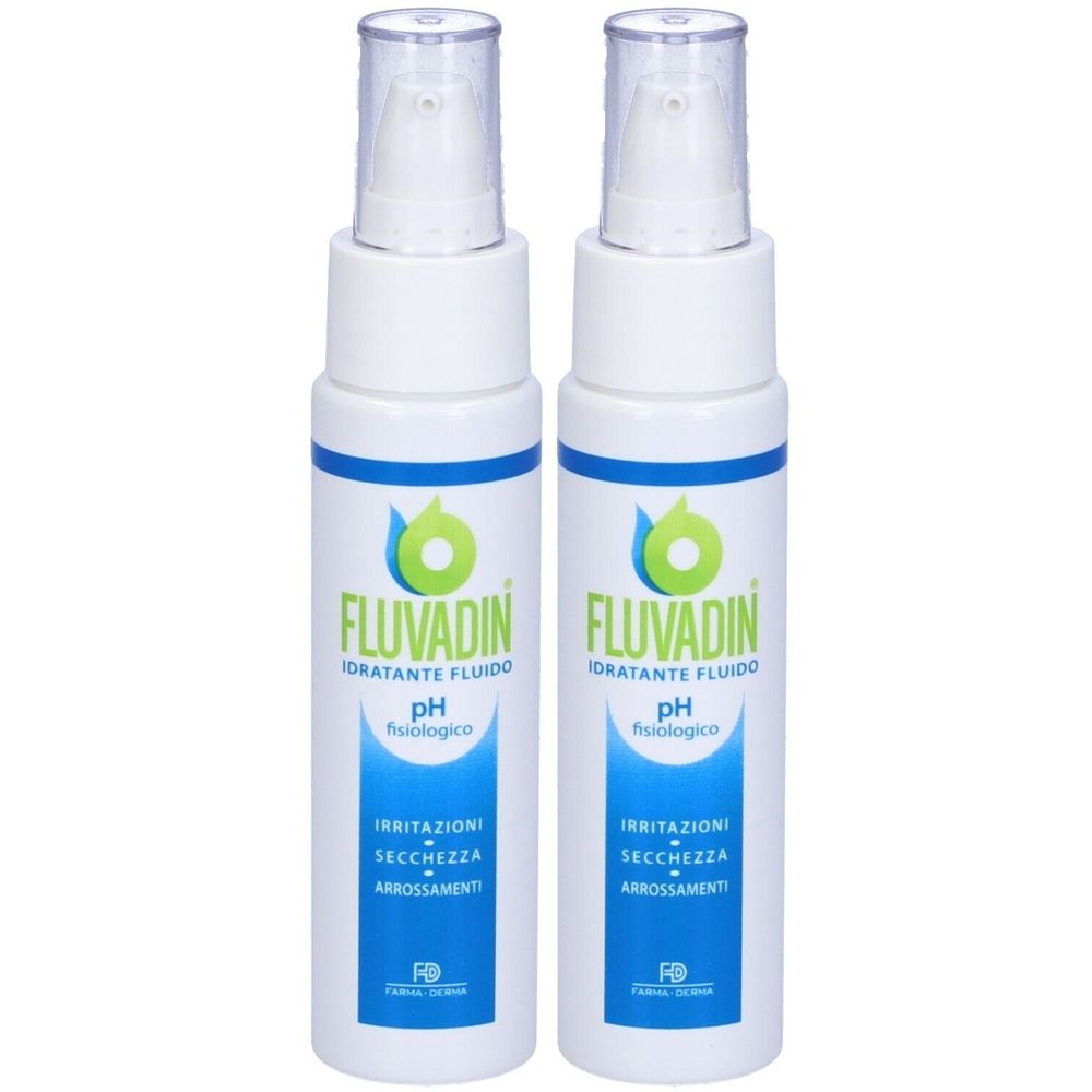 Due flaconi bianchi con vaporizzatore. Scritta: Fluvadin, Idratante Fluido, pH fisiologico. Dettagli blu e verdi.