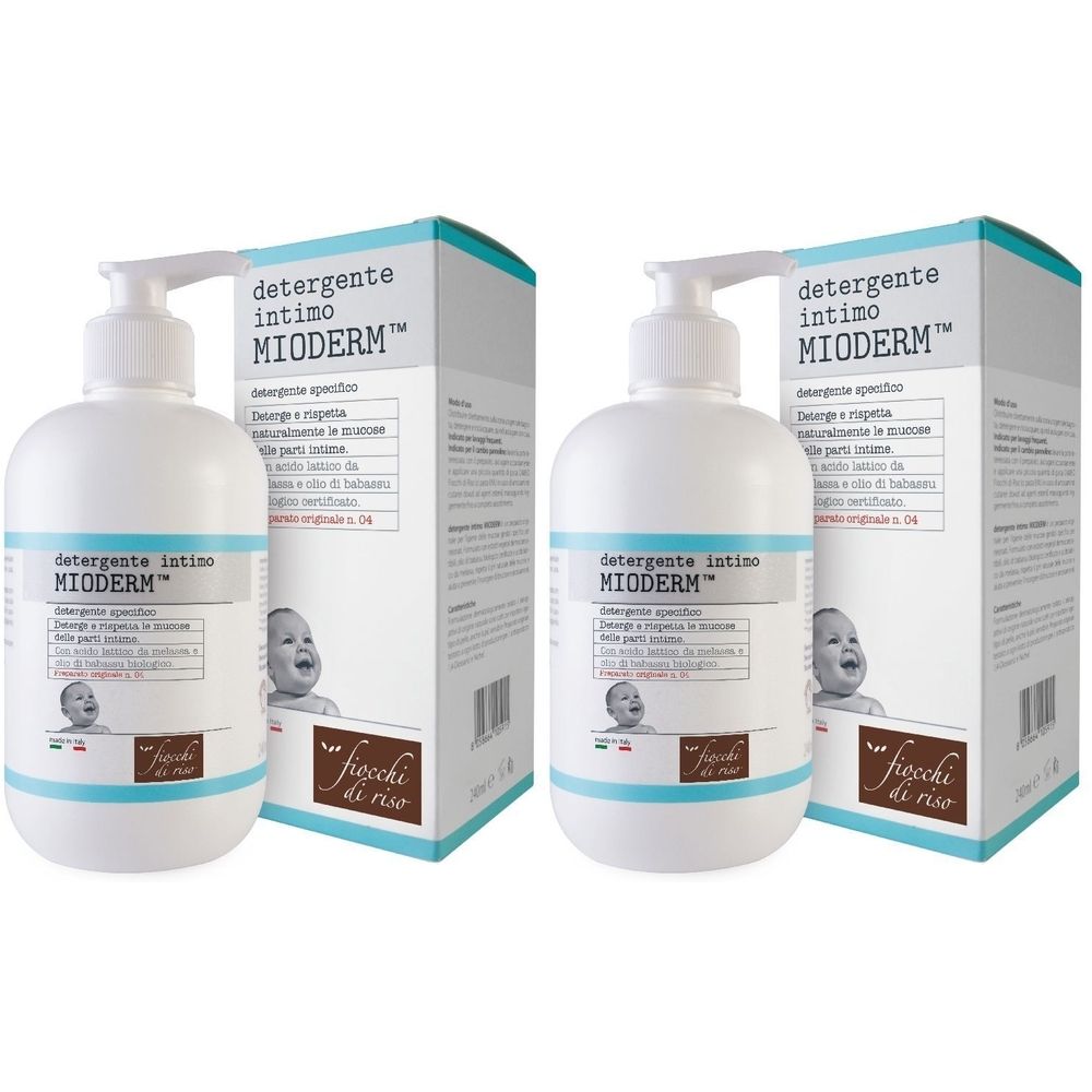 Due flaconi bianchi con dosatore e confezione in cartone. Scritta: detergente intimo MIODERM™. Sui flaconi è raffigurato un bambino.