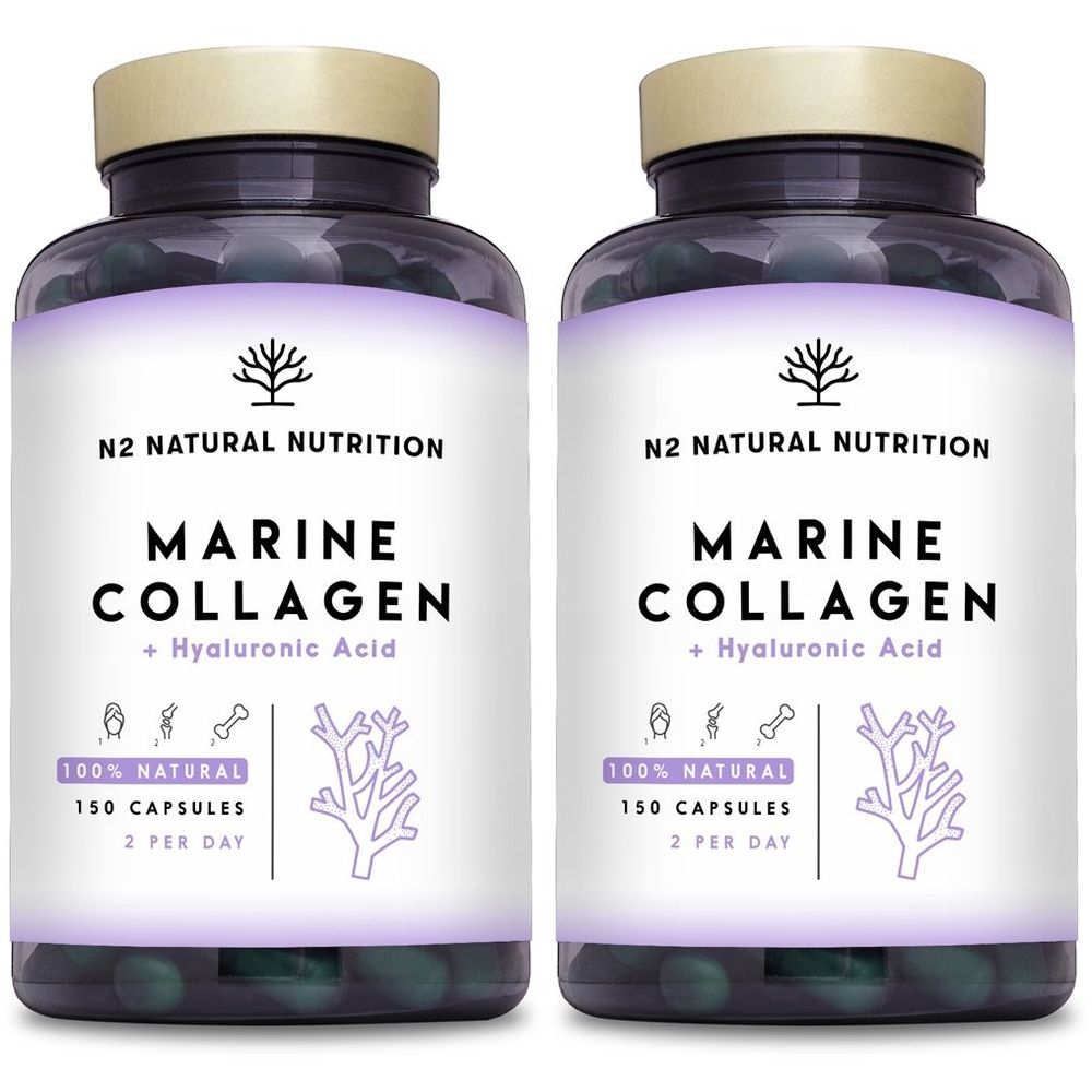 Due flaconi di capsule. Scritta: N2 Natural Nutrition Marine Collagen + Acido Ialuronico. 150 capsule, 2 al giorno.