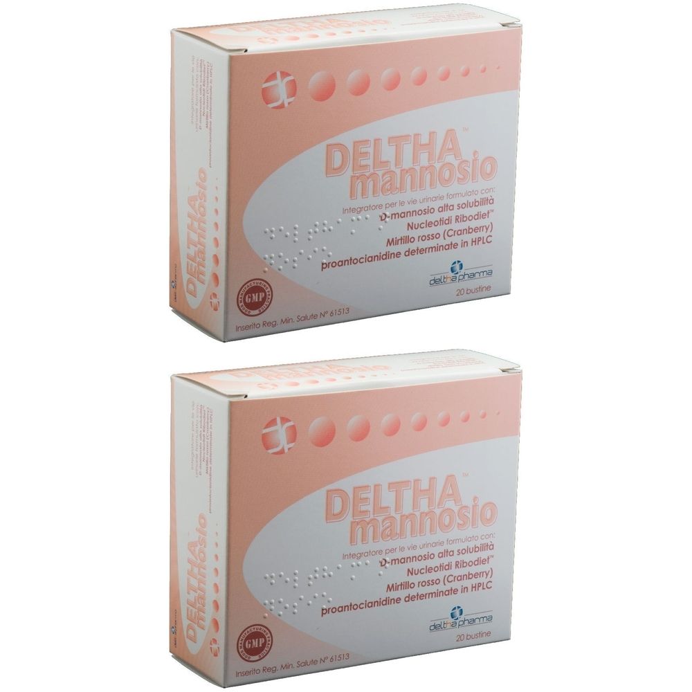 Due scatole di DELTHAmannosio. Scritta: DELTHA mannosio, Q-mannosio, Nucleofid Riboder, Myrtillo rosso (Cranberry).
