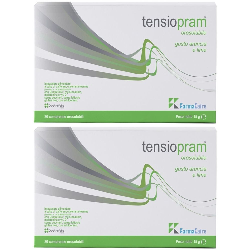 Due confezioni di Tensiopram Orosolubile. Gusto arancia e lime. Marchio FarmaCaire. 30 compresse per confezione.