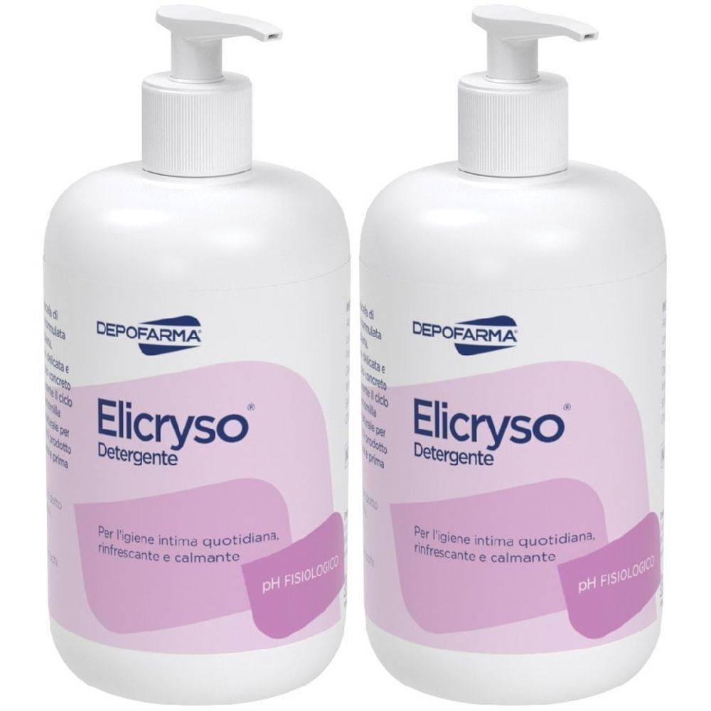 Due flaconi bianchi con dosatore a pompa. Su ogni flacone, la scritta "Elicryso Detergente" e "DEPOFARMA".