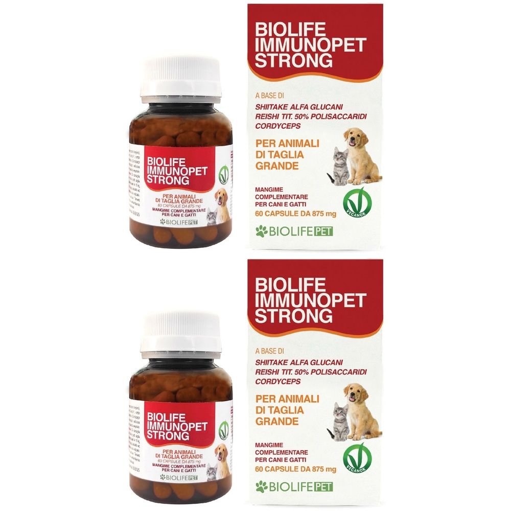 Due flaconi di capsule e due scatole. Scritta: Biolife Immunopet Strong. Per cani e gatti. Alimento complementare.