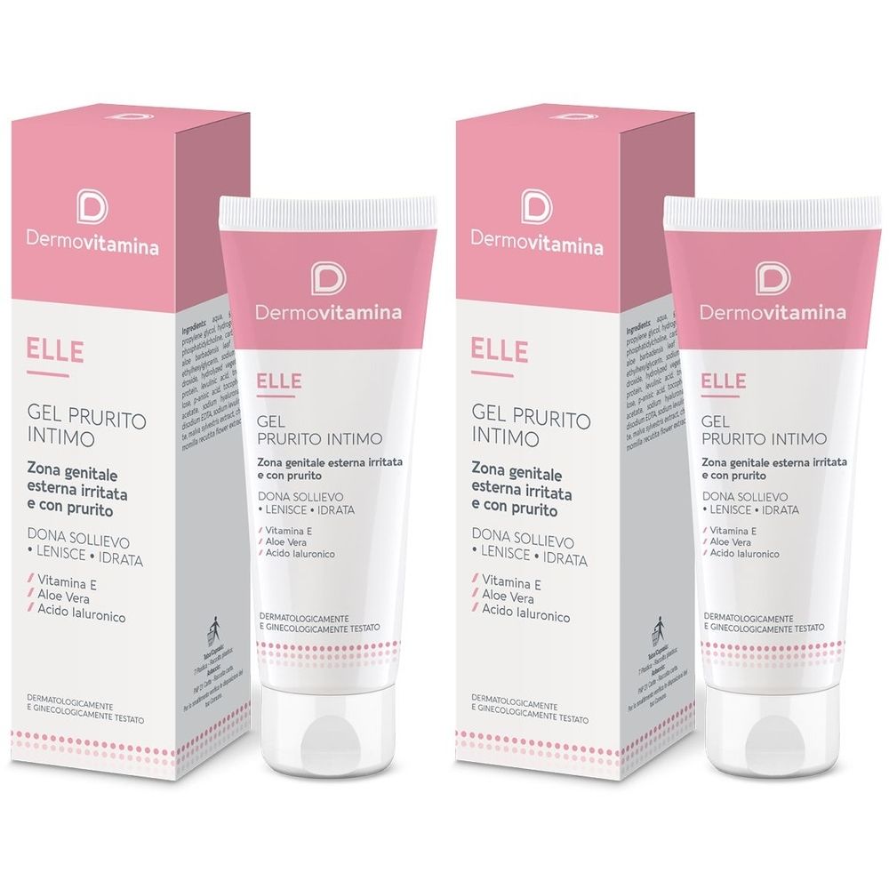 Due tubi e confezioni di Dermovitamina Elle Gel Prurito Intimo. Confezione rosa e bianca, tubi bianchi con dettagli rosa e testo.