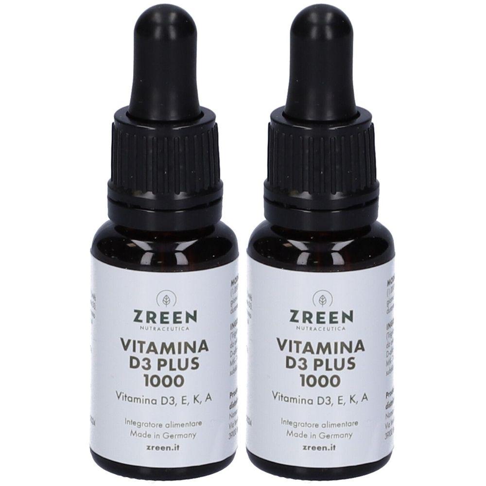 Due flaconi con tappo nero. Le etichette riportano "ZREEN VITAMINA D3 PLUS 1000".