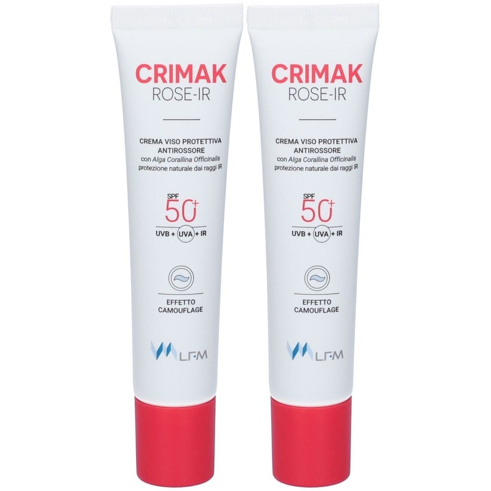 Due tubi di crema. Scritta: CRIMAK ROSE-IR, crema viso protettiva antirossore, SPF 50. Tappo rosso.
