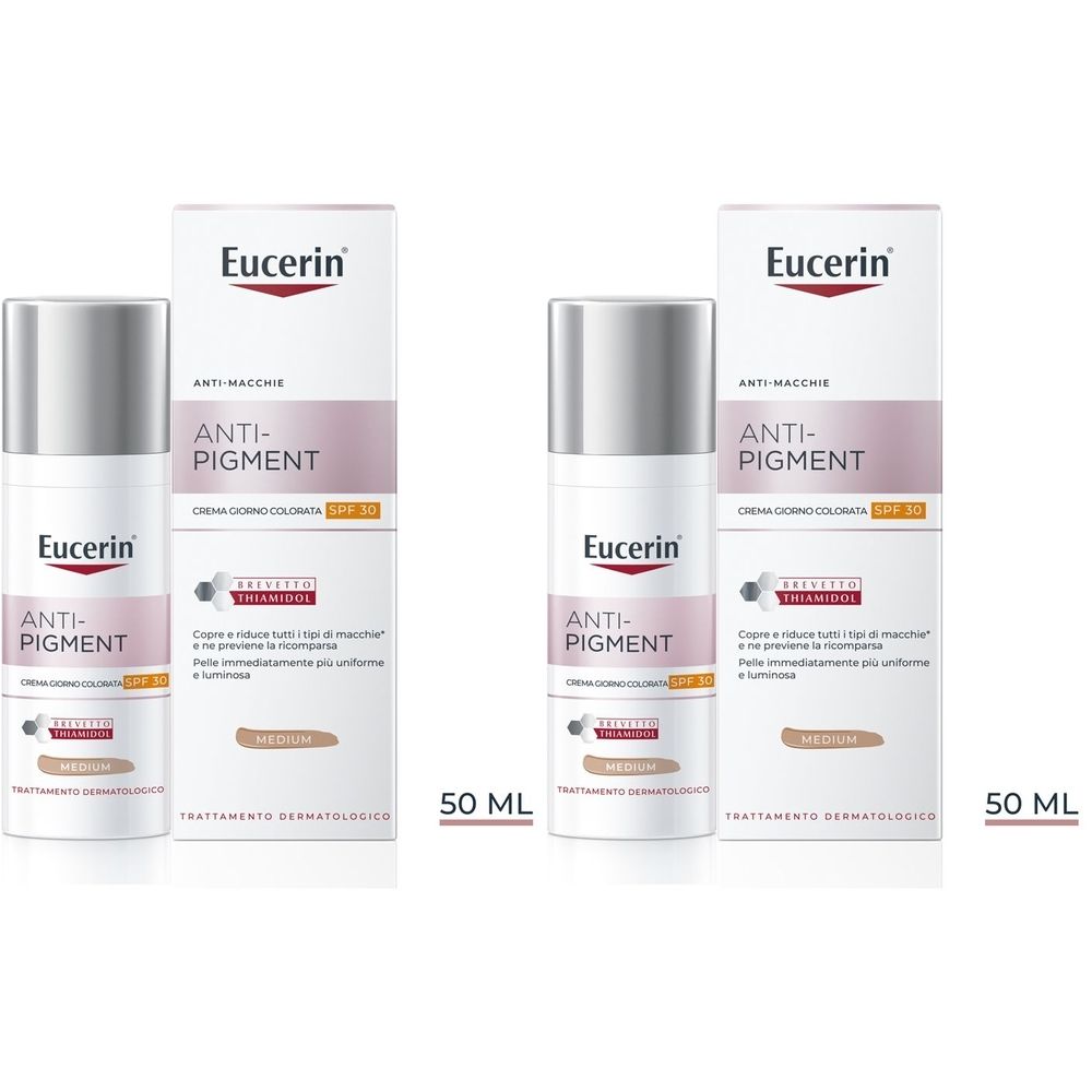 Due confezioni di Eucerin Anti-Pigment Crema Giorno SPF 30 Colorata Medium, con prodotto e confezione. 50 ml.