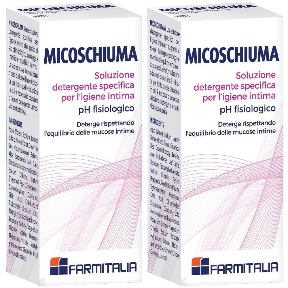 Due confezioni identiche. Scritta: MICOSCHIUMA, soluzione, detergente specifico per l'igiene intima, pH fisiologico. Logo: FARMITALIA.