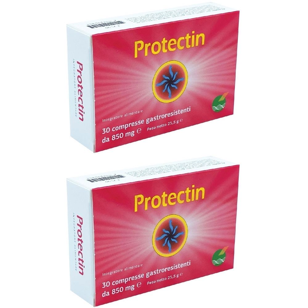 Due confezioni di "Protectin". Sfondo rosso, testo bianco e logo circolare. Contiene 30 compresse gastroresistenti da 850 mg.