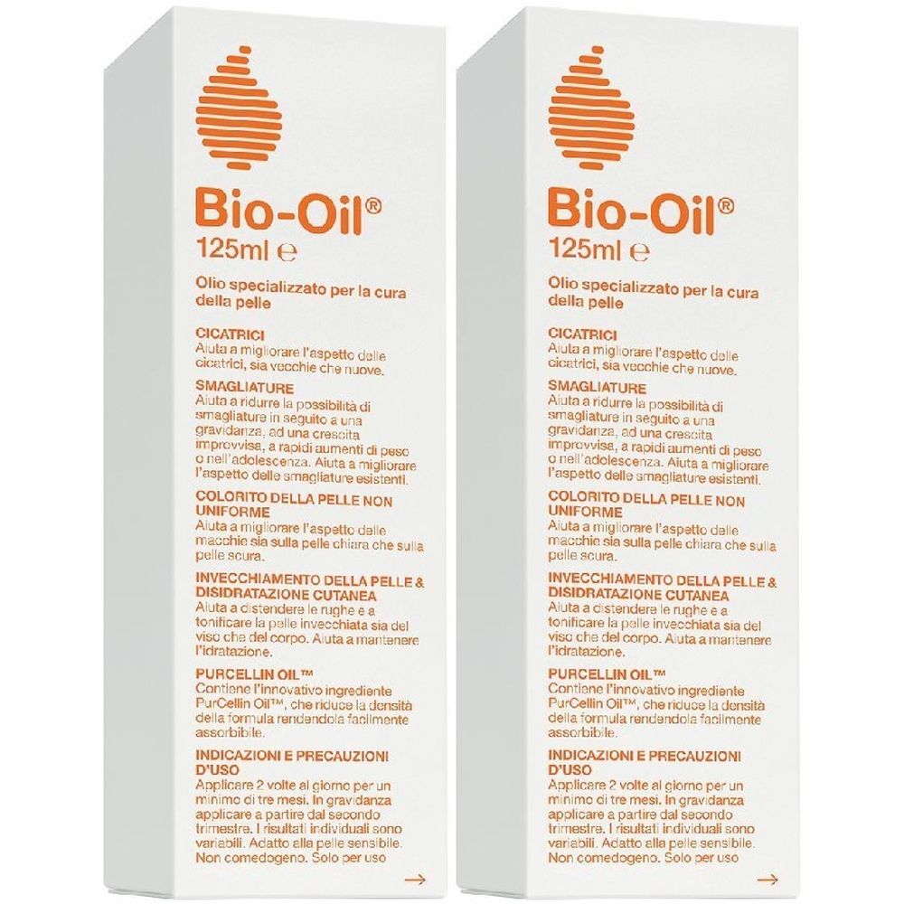 Due scatole bianche con logo e testo arancione. Scritto: Bio-Oil, 125ml. Olio specializzato per la cura della pelle.
