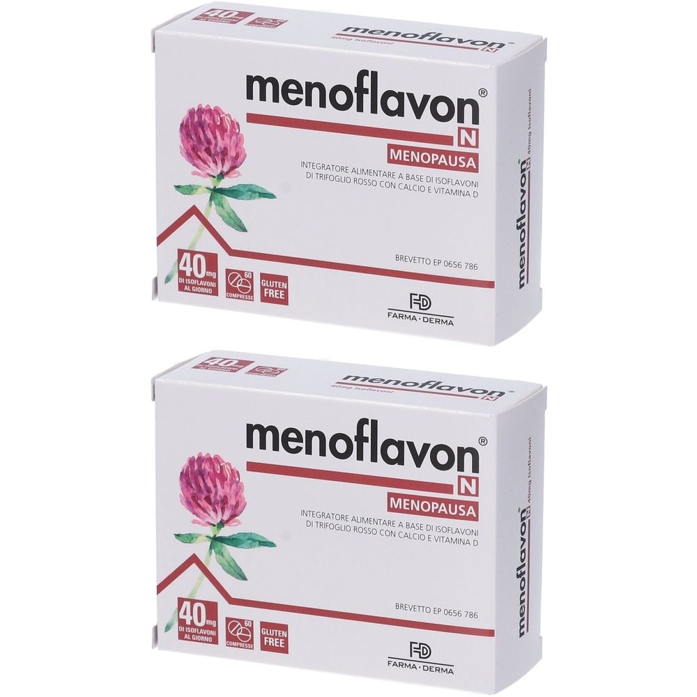 Due scatole bianche "menoflavon". Su ogni scatola, un fiore rosso. Testo: "MENOPAUSA". Contiene 40 compresse.