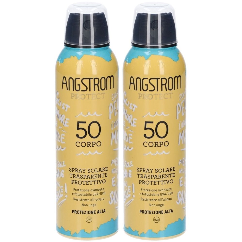 Due flaconi spray. Scritta: Angstrom Protect, 50 Corpo, Spray Solare Trasparente Protettivo. Protezione solare alta.