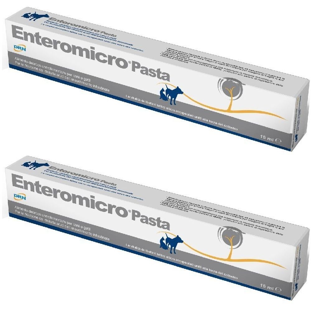 Due confezioni di Enteromicro Pasta. Scatole bianche con nome e logo del prodotto. Scritto: 15 ml.