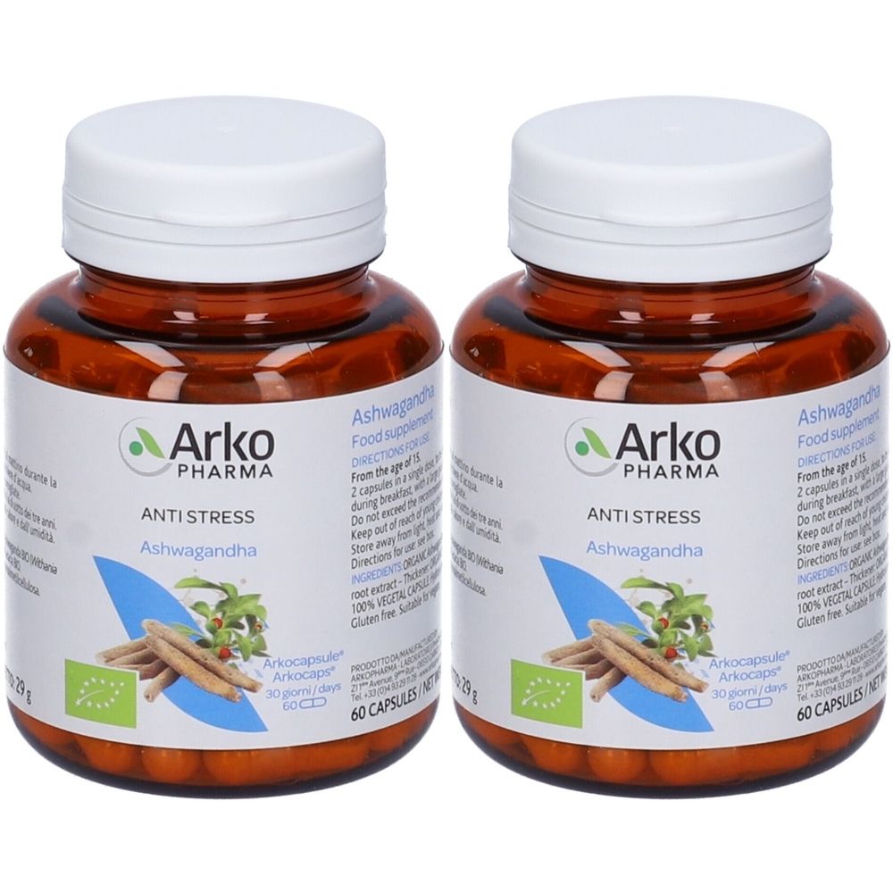 Due flaconi marroni con tappi bianchi. Etichette: "Arko Pharma Anti Stress Ashwagandha". Marchio bio e 60 capsule.