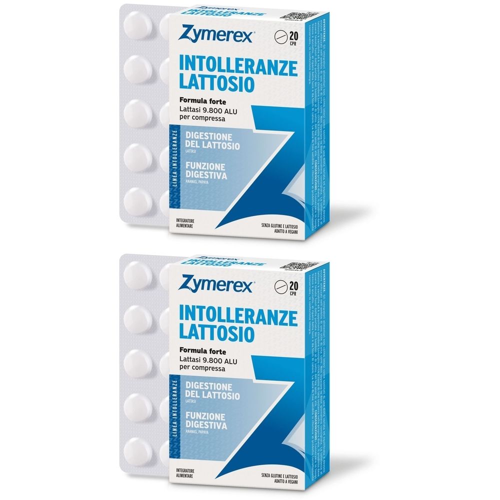 Due confezioni con blister di compresse. Scritta: Zymerex, Intolleranze Lattosio. Confezione blu e bianca. Blister con compresse.