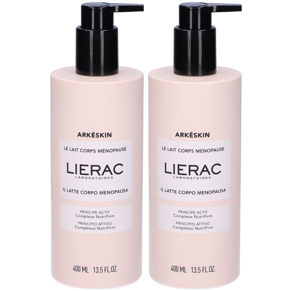 Due flaconi di latte corpo rosa chiaro con erogatori neri. Scritte: Arkéskin, Lierac, Le Lait Corps Ménopause, 400 ml.