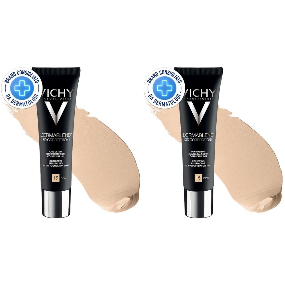 Due tubi neri con logo Vichy e nome del prodotto. Macchie di colore chiaro accanto. Sui tubi è presente un sigillo di approvazione dermatologica.