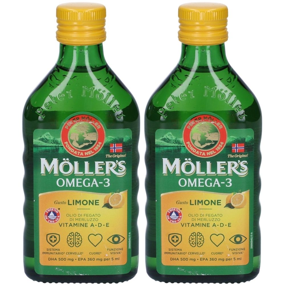 Due bottiglie verdi con tappi gialli. Scritta: Möller's Omega-3, gusto limone, vitamine A-D-E. Contiene olio di pesce.