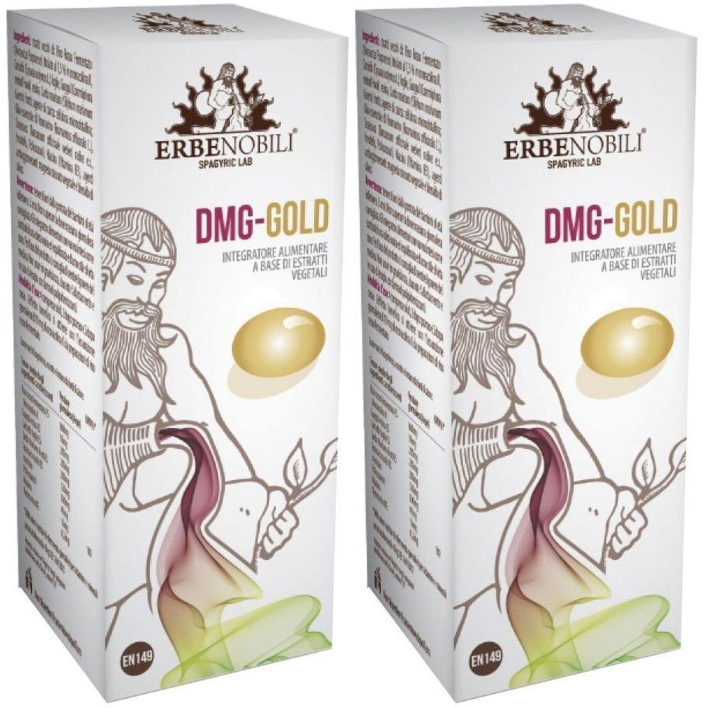 Due confezioni di integratore alimentare "DMG-GOLD". Marchio: Erbenobili. Stampe e illustrazioni su sfondo bianco.
