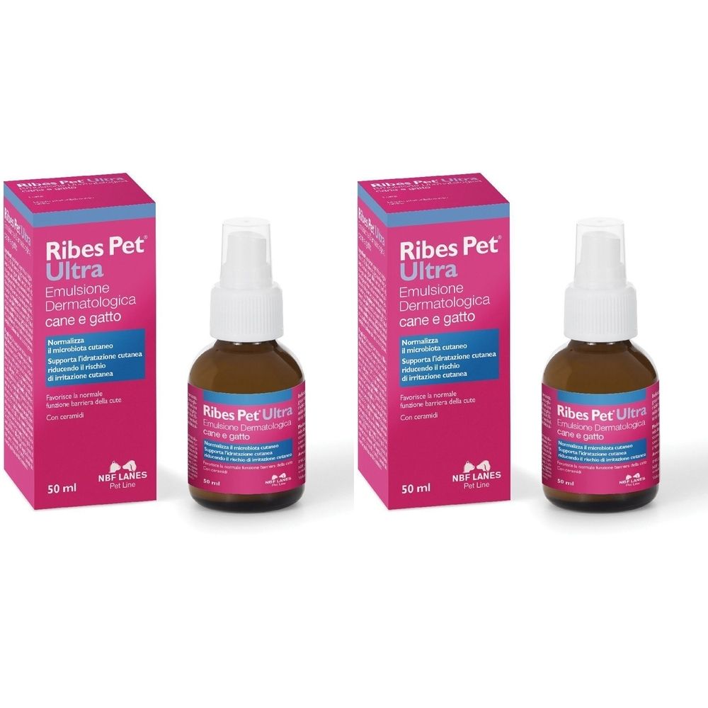 Due flaconi e due scatole di Ribes Pet Ultra. Scritto: Emulsione Dermatologica cane e gatto. Rosa e bianco.