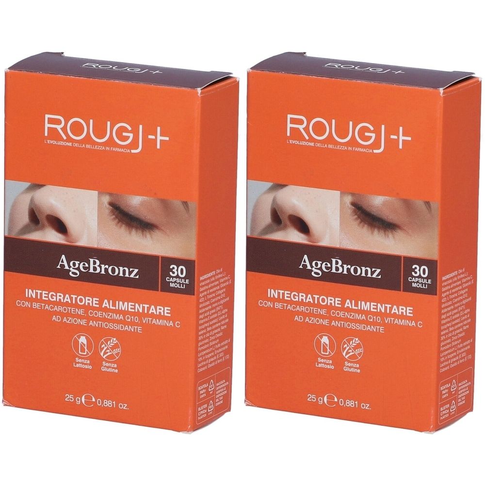 Due scatole arancioni. Scritta: ROUGJ+, AgeBronz, 30 capsule. Contiene betacarotene, coenzima Q10, vitamina C.