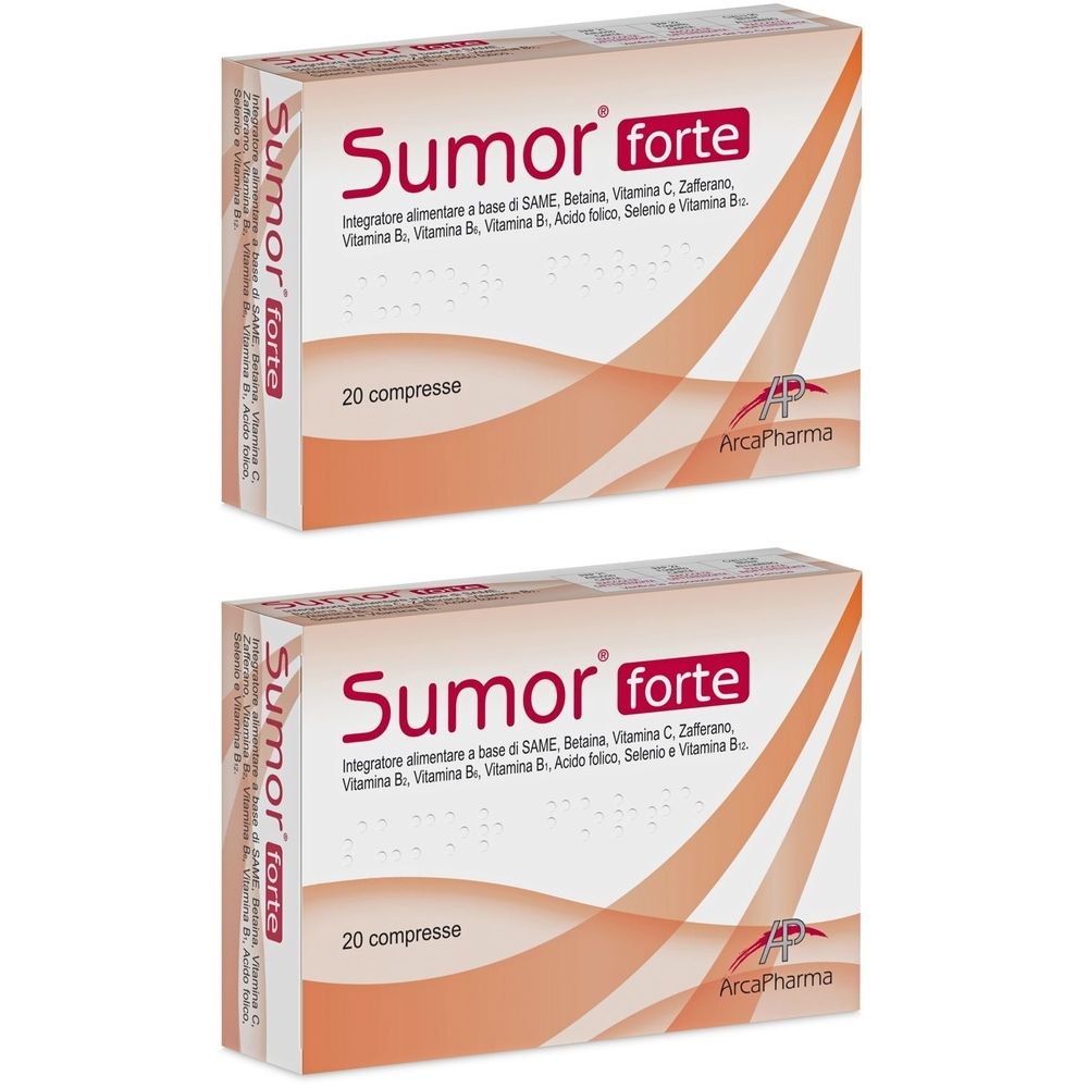 Due confezioni di compresse "Sumor forte". Scritta "20 compresse". Marchio: ArcaPharma.