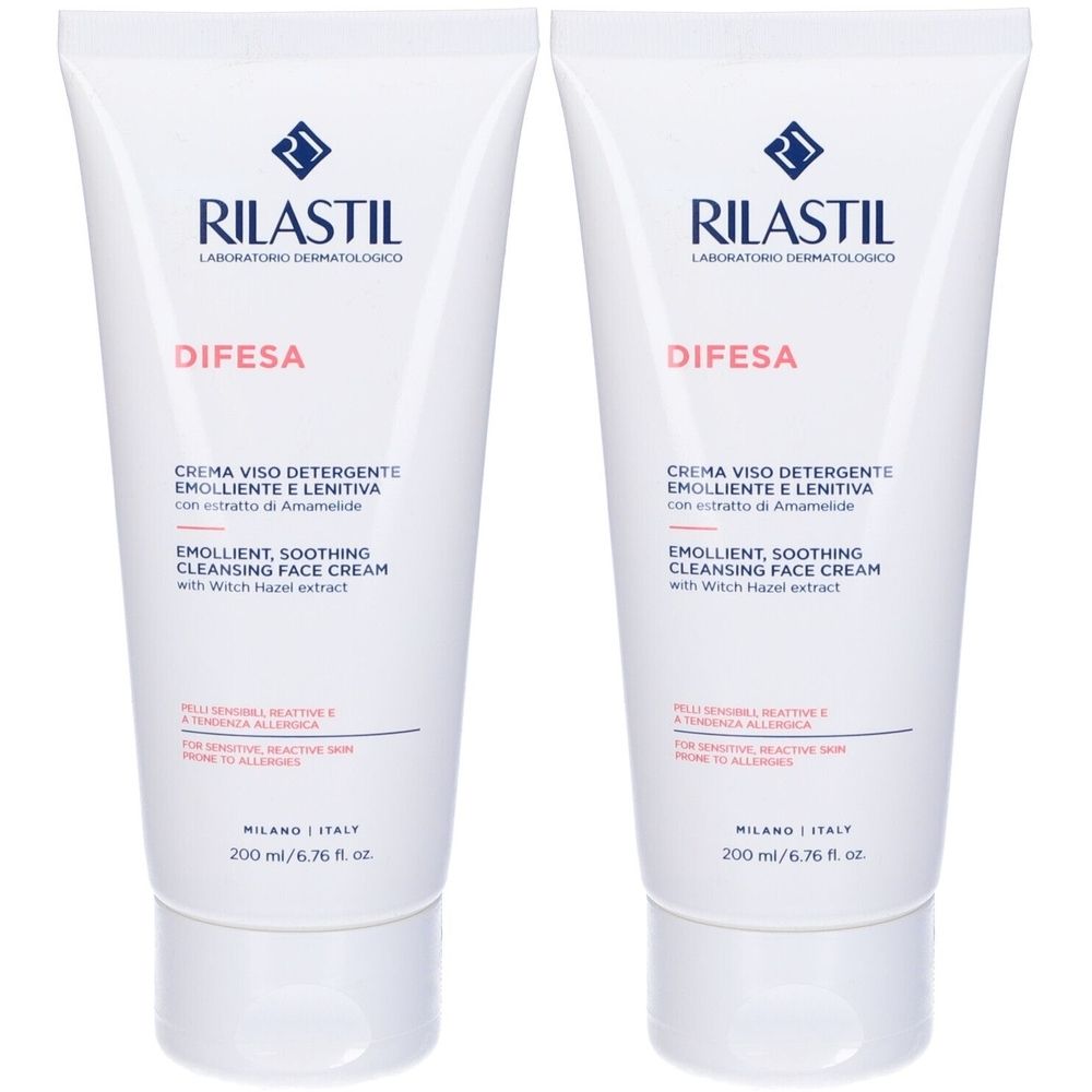Due tubi bianchi con testo. Scritto: Rilastil, Difesa, crema detergente viso, lenitiva. 200 ml.