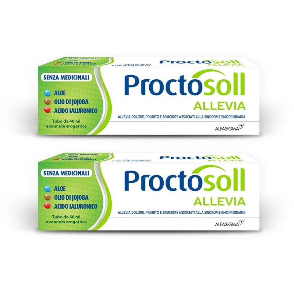 Due confezioni di Proctosoll Allevia. Scritte: SENZA MEDICINALI, ALOE, OLIO DI JOJOBA, ACIDO IALURONICO. Tubo da 40 ml e cannula erogatrice.