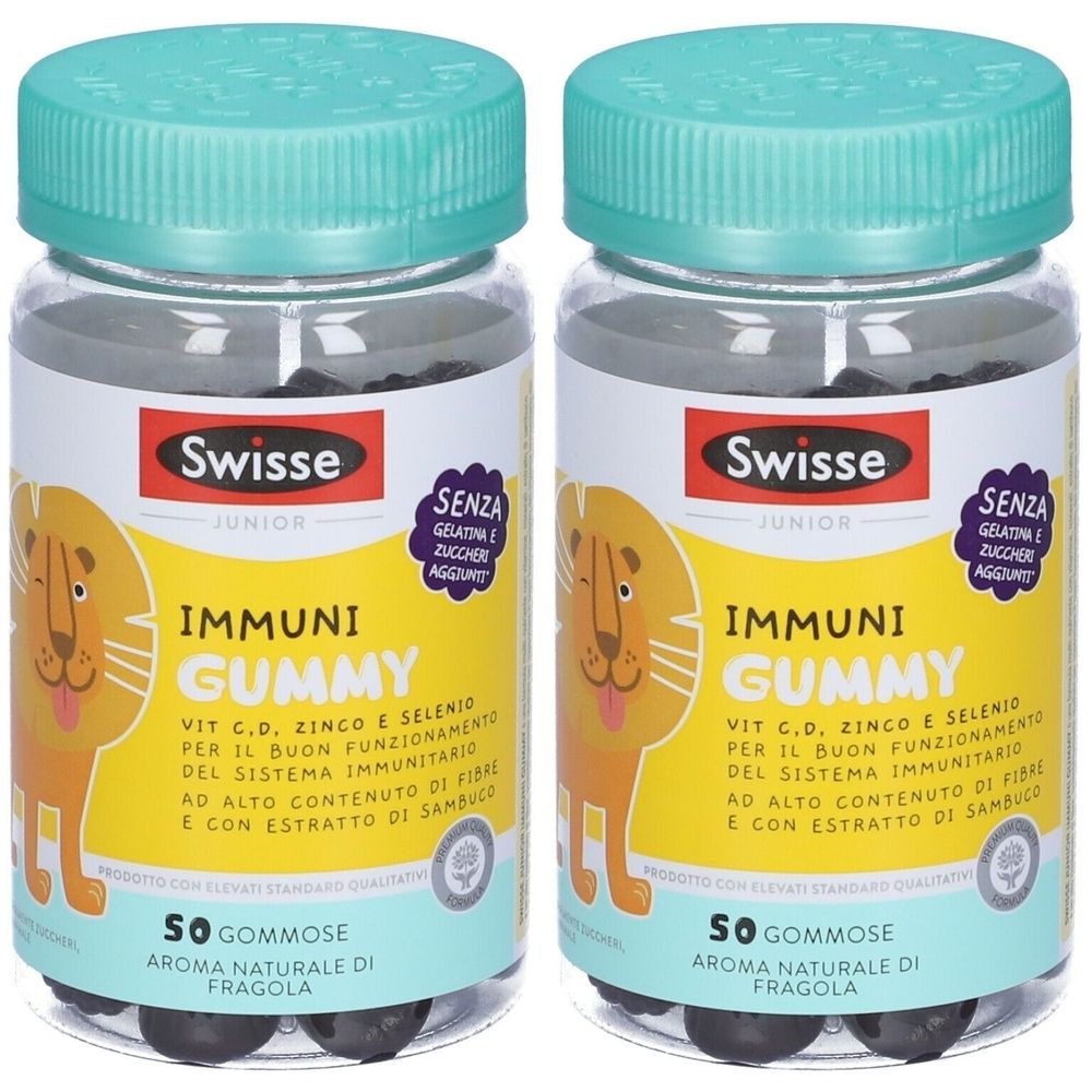 Due bottiglie di Swisse Junior Immuni Gummy. Ogni bottiglia ha un coperchio verde e un'etichetta con un leone dei cartoni animati.