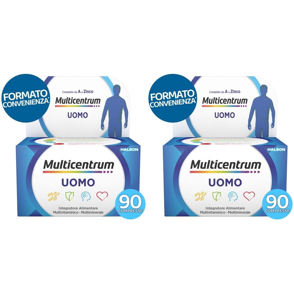 Due confezioni di Multicentrum Uomo. Confezione blu con testo bianco. Scritta: Multicentrum Uomo, 90 compresse.