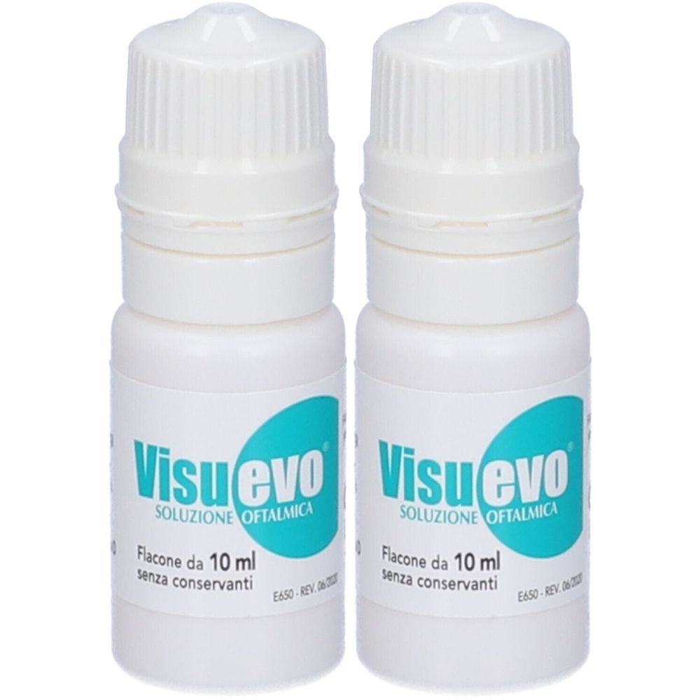 Due flaconi bianchi con tappo a vite. Su ogni flacone, "Visuevo Soluzione Oftalmica". Testo: "Flacone da 10 ml senza conservanti".