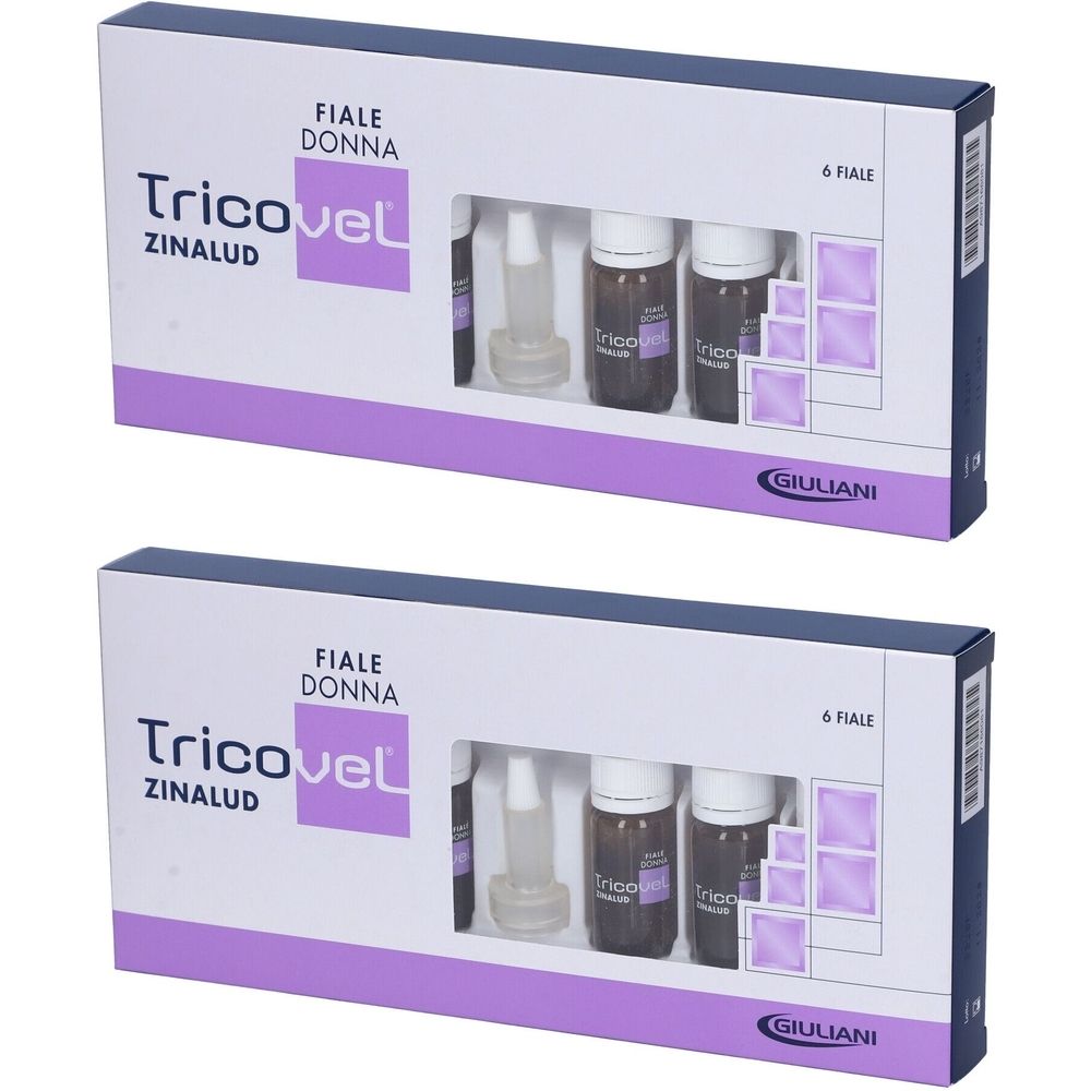 Due confezioni di Tricovel Zinalud Donna Fiale. Ogni confezione contiene 6 fiale. Flaconi e applicatori visibili.