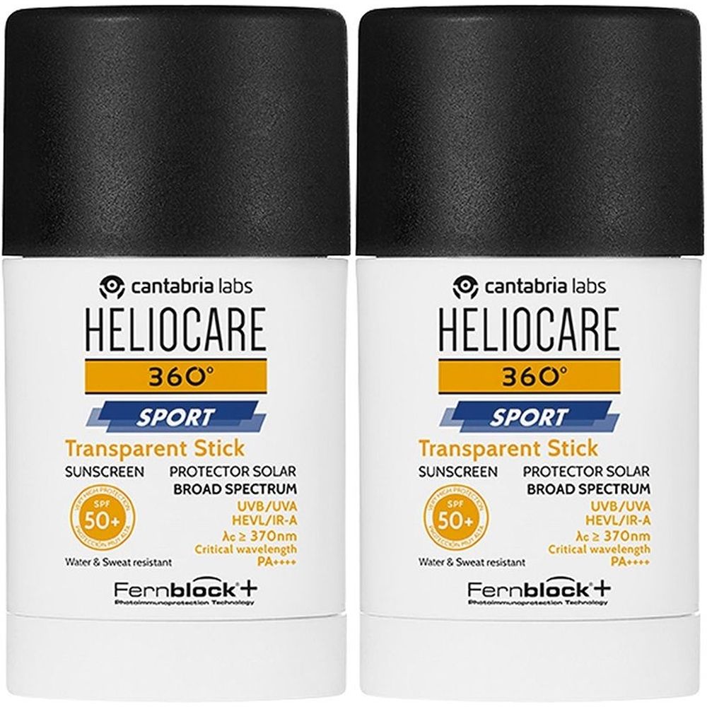 Due stick trasparenti bianchi con tappo nero. Scritta: Heliocare 360° Sport Transparent Stick, protezione solare SPF 50+.
