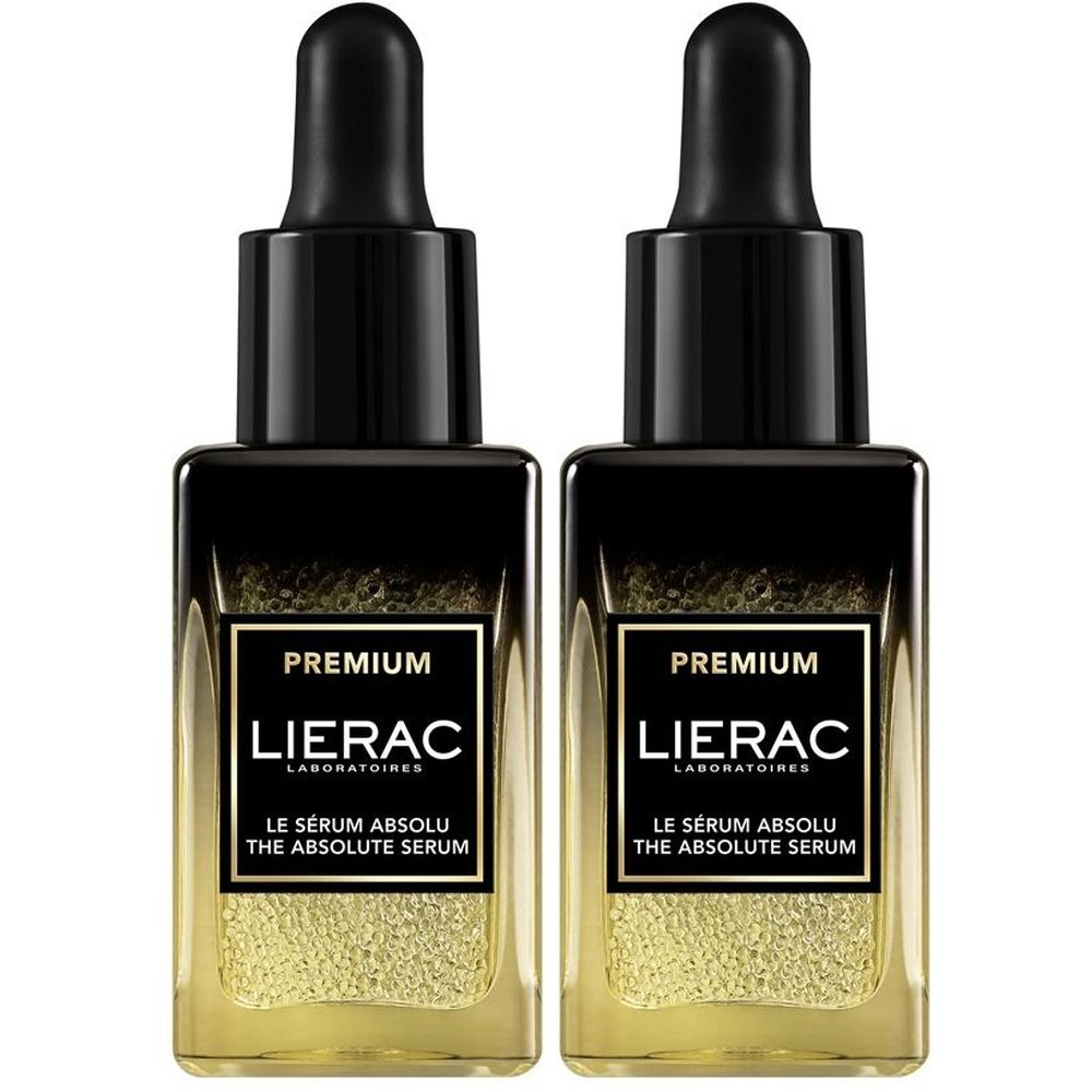 Due flaconi con tappo nero e pipetta. Scritta: PREMIUM, LIERAC LABORATOIRES, LE SÉRUM ABSOLU THE ABSOLUTE SERUM.