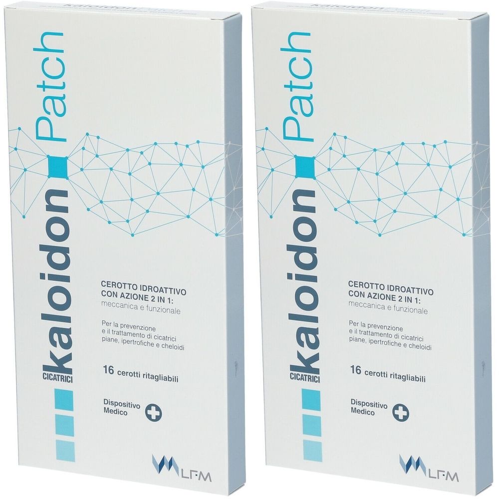 Due scatole bianche con stampa del prodotto. Scritta: Kaloidon Patch, 16 cerotti. Dispositivo medico.