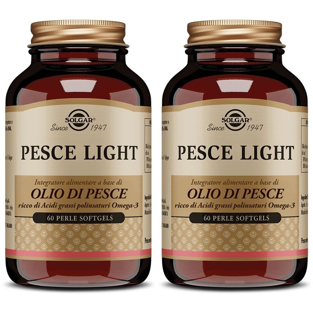 Due flaconi di SOLGAR Pesce Light. Scritta: Pesce Light, Olio di Pesce, 60 Perle Softgels. Flaconi in vetro marrone con tappi dorati.
