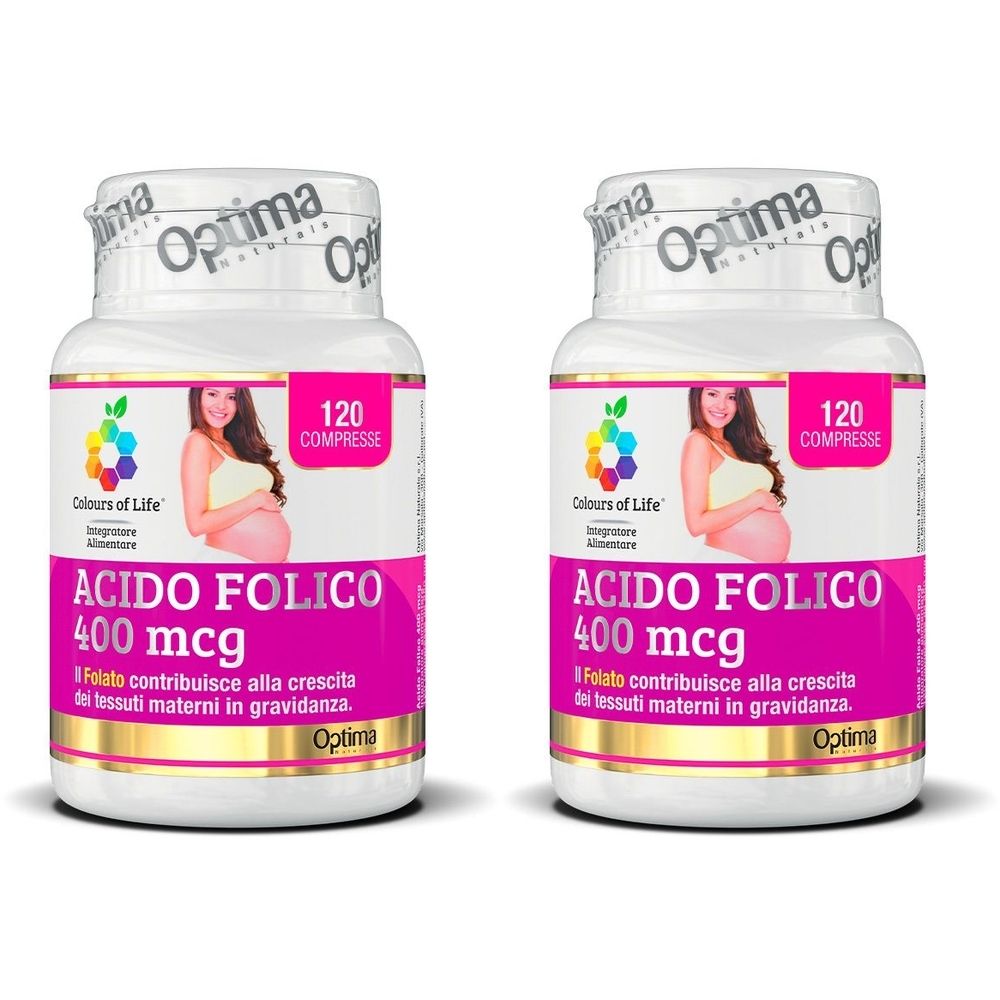 Due flaconi con etichetta rosa. Scritto: Acido Folico 400 mcg. Contiene 120 compresse. Marchio: Optima.