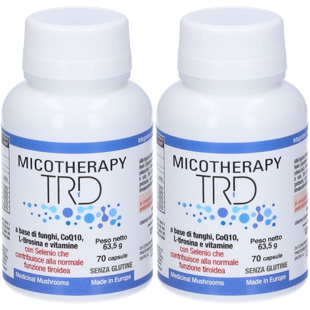 Due flaconi bianchi con etichette blu. Scritta: MICOTHERAPY TRD, 70 capsule, senza glutine. Contiene funghi, CoQ10, L-tirosina, vitamine e selenio.