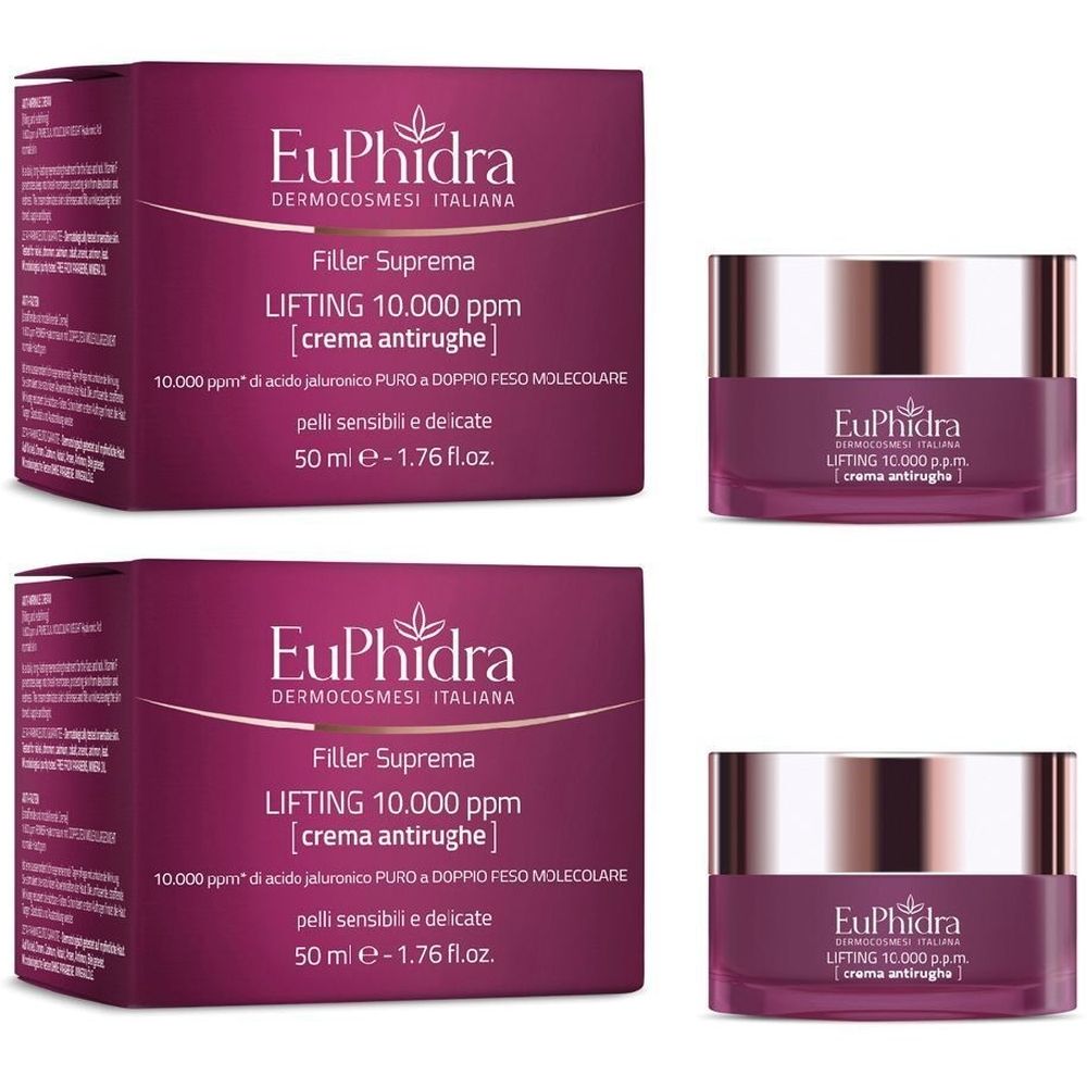 Due confezioni di crema antirughe. Confezione viola con nome e testo del prodotto. Vasi di crema con coperchio argentato e stampa.