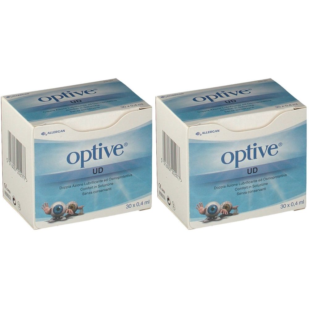Due scatole quadrate con logo "optive". Confezione blu e bianca. Testo: "UD", "30 x 0,4 ml".